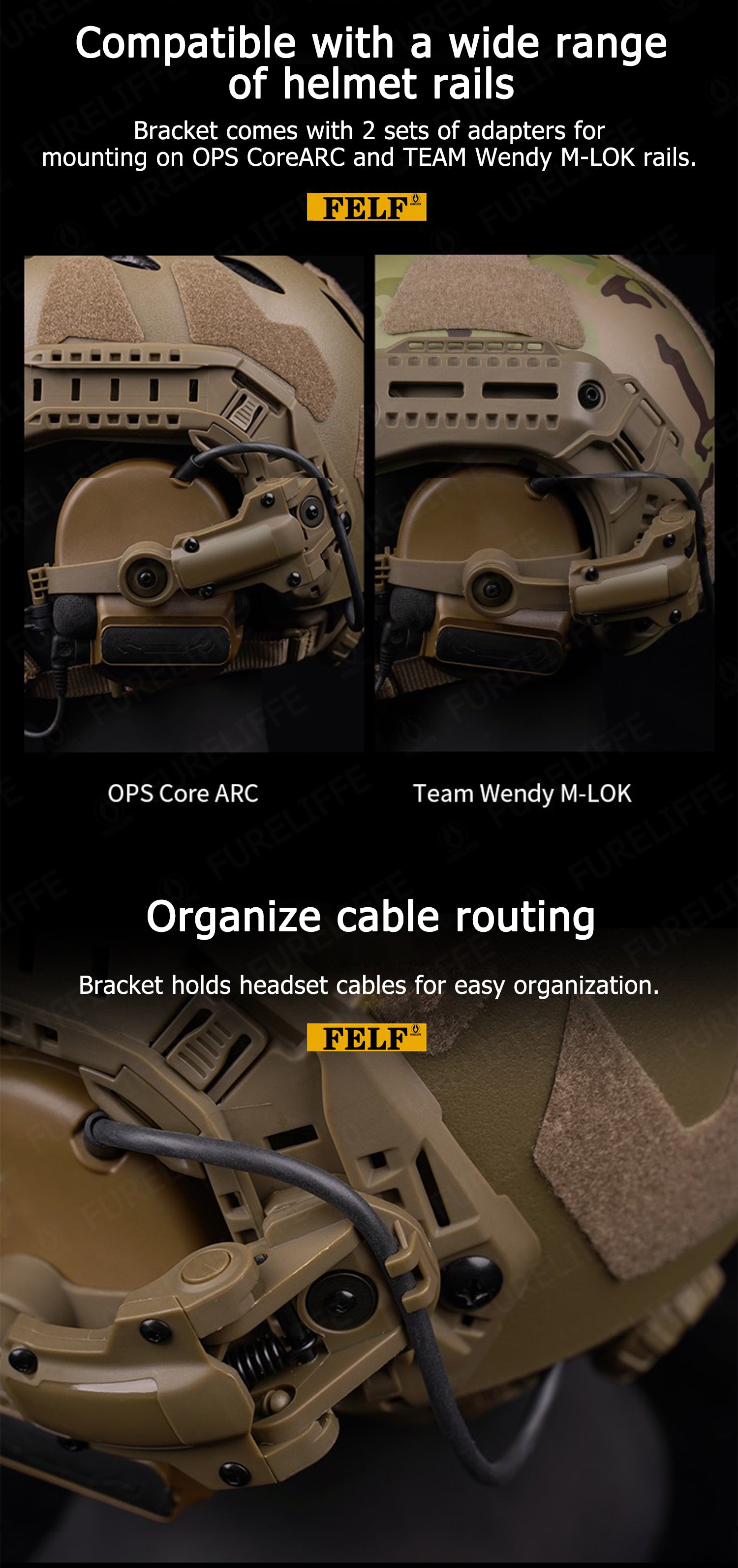 Tactical Helmet Mount Adequado para COMTAC III Tiro Headset, OPS CORE, ARC, Wendy, M-LOK, Rail Adapter Black