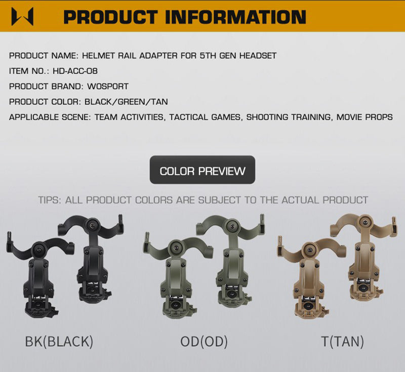 Tactical Headset Bracket Helmet Rail Adapter 360 rotation Fit OPS Core ARC and Team Wendy OD